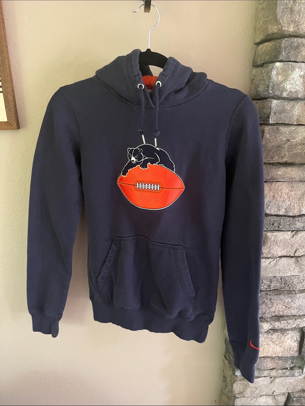 Chicago Bears NFL Navy Crewneck Hoodie with Orange Football Graphic